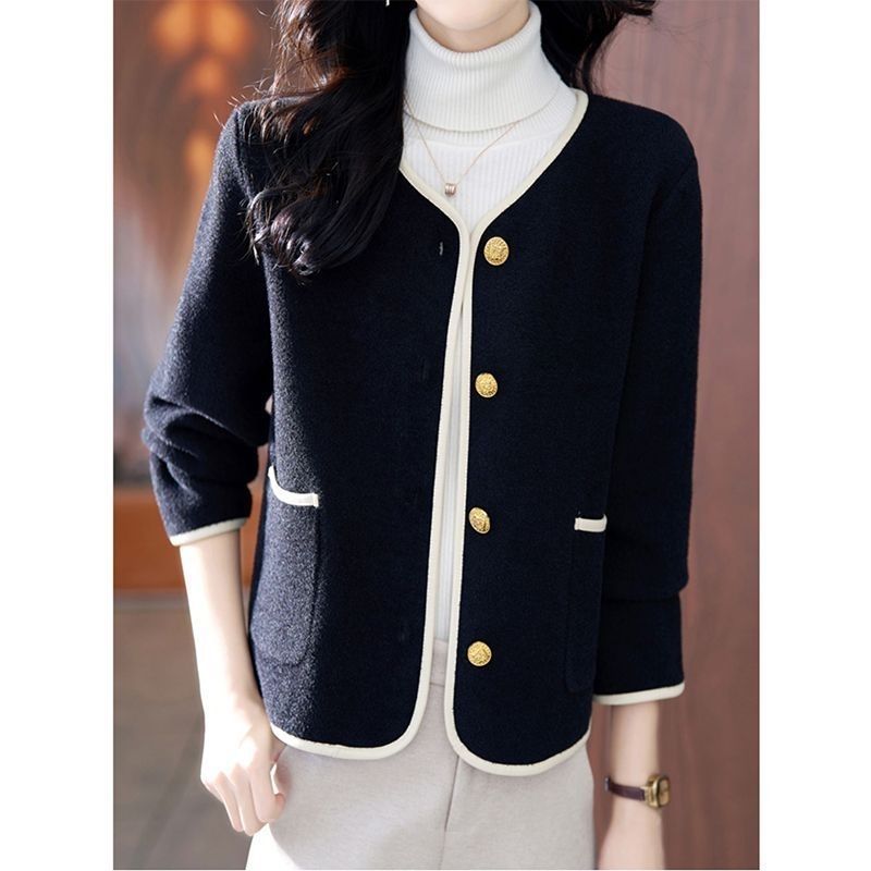 Spring, autumn and winter new jackets, women's small fragrance, Korean crew neck contrasting casual tops, loose fashion, fashionable and versatile cardigan women