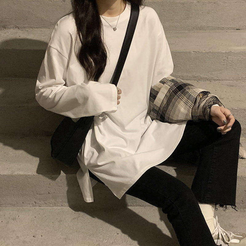 Wholesale white long sleeve t-shirt women's loose inner layered sweatshirt mid-length fleece top spring and autumn base shirt