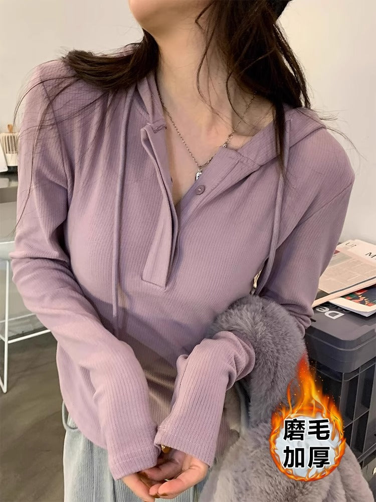 Pure Lust Hot Girl Tight T-shirt Women's Long Sleeve Autumn and Winter New Hooded Shoulders Waist Slim Undershirt Wear Top