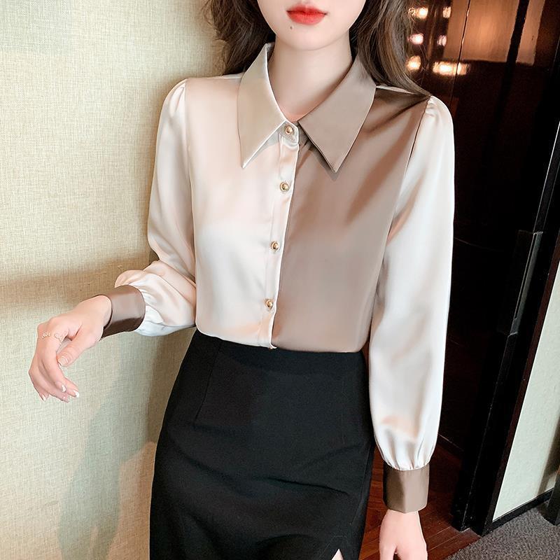 2024 Spring Wear New Satin Shirt Women's Long Sleeve Color Blocking Fashion Temperament Foreign Shirt Women's Top Design Sense