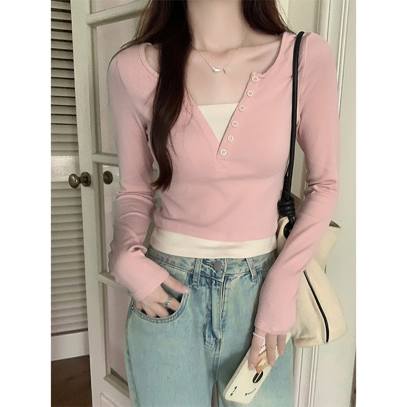 Hot girl style straight shoulder long sleeve T-shirt women's early autumn design sense splicing fake two slim V-neck contrasting colors and versatile clothes