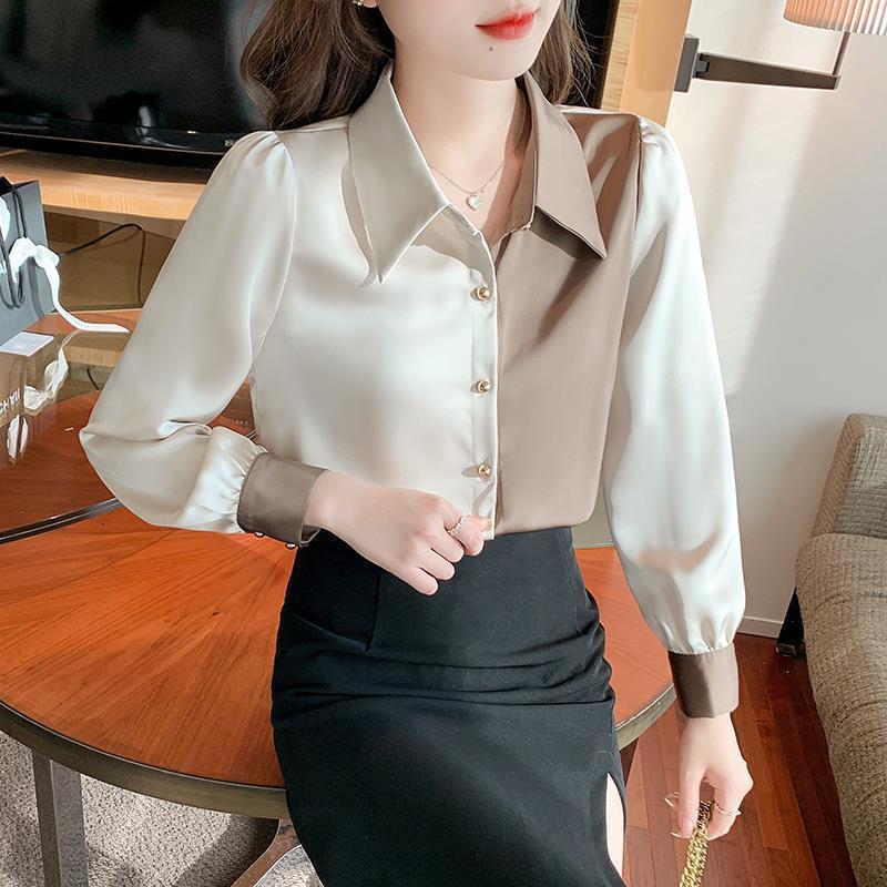 2024 Spring Wear New Satin Shirt Women's Long Sleeve Color Blocking Fashion Temperament Foreign Shirt Women's Top Design Sense