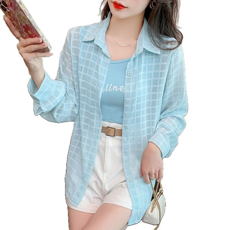 2025 summer new slightly transparent shirt sun protection jacket jacket loose fashion back slit plaid sunscreen shirt for women