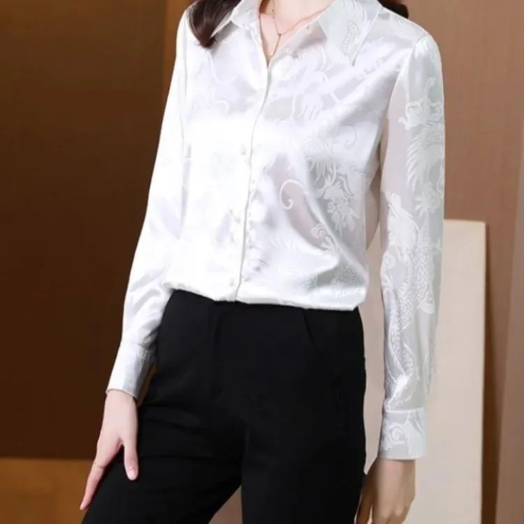 2025 New Shirt Spring and Autumn Jacquard Satin Solid Color Shirt Fashionable and Versatile Temperament Thin Women's Top