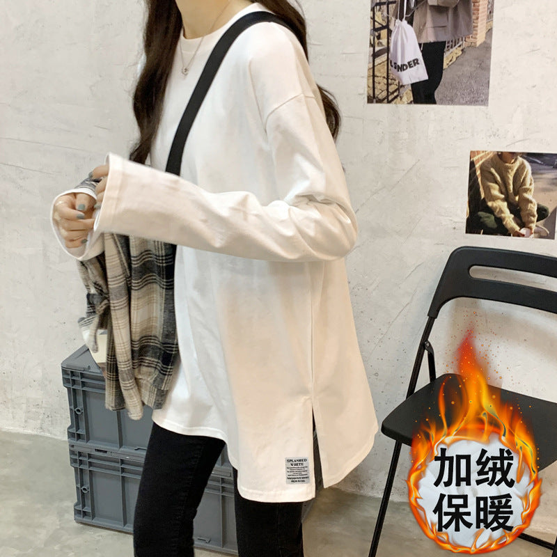 Wholesale white long sleeve t-shirt women's loose inner layered sweatshirt mid-length fleece top spring and autumn base shirt