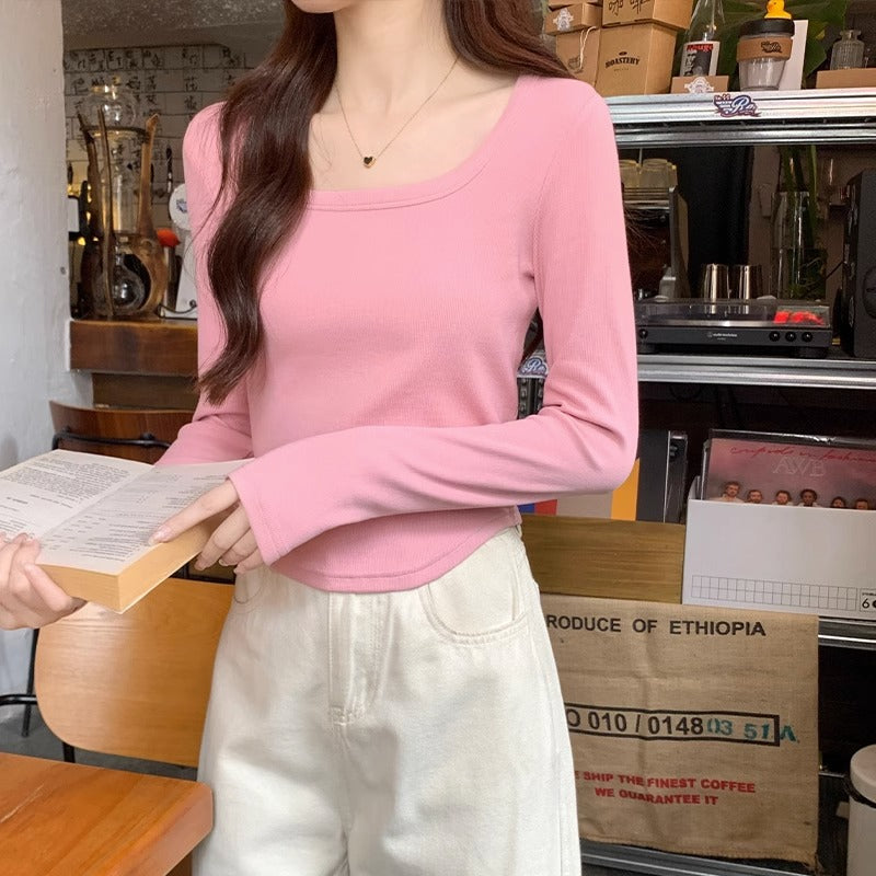 White slim slim T-shirt women's long sleeves with autumn irregular hem hot girl tight undershirt small top