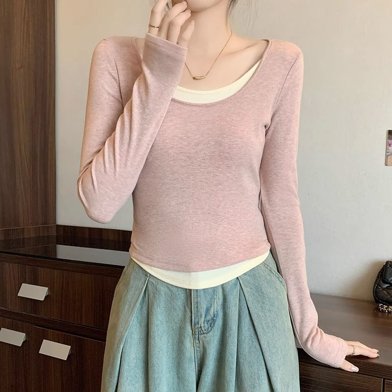 Wear a small base shirt, T-shirt, women's autumn and winter underwear, color-blocked irregular U-neck long-sleeved collarbone top