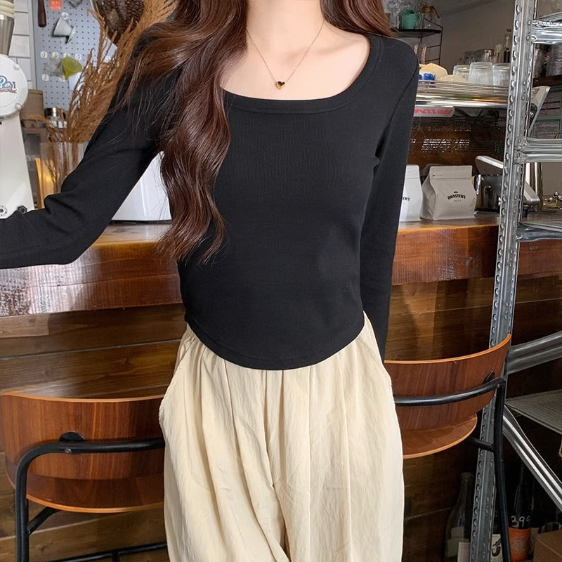 White slim slim T-shirt women's long sleeves with autumn irregular hem hot girl tight undershirt small top