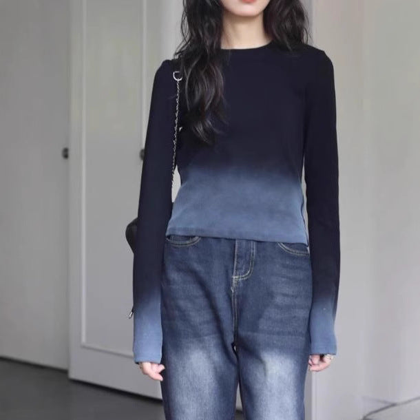 Sweet and cool long-sleeved T-shirt women's gradient shoulder new slim slimming pre-autumn design niche inner base shirt