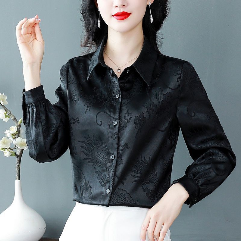 2025 New Shirt Spring and Autumn Jacquard Satin Solid Color Shirt Fashionable and Versatile Temperament Thin Women's Top