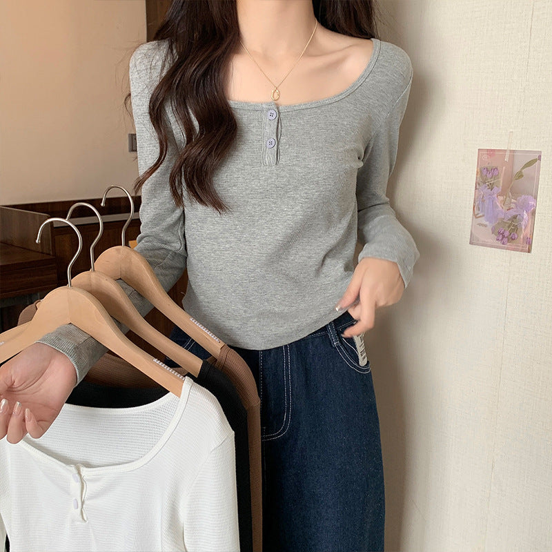 Fall 2025 square neck long-sleeved T-shirt women's slim slim and irregular design chic short high-waisted top