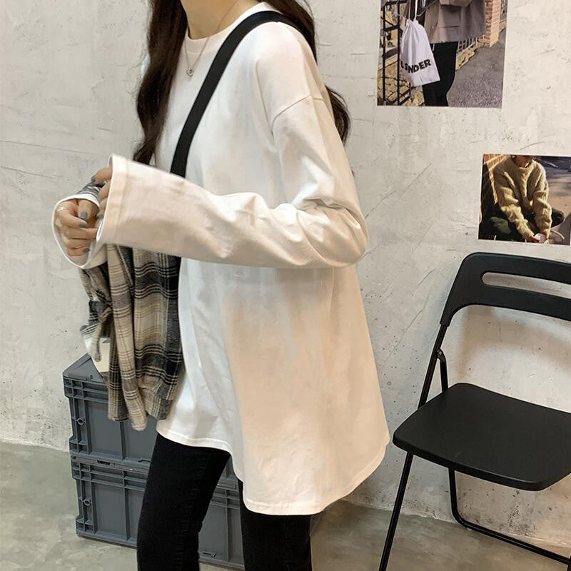 Wholesale white long sleeve t-shirt women's loose inner layered sweatshirt mid-length fleece top spring and autumn base shirt
