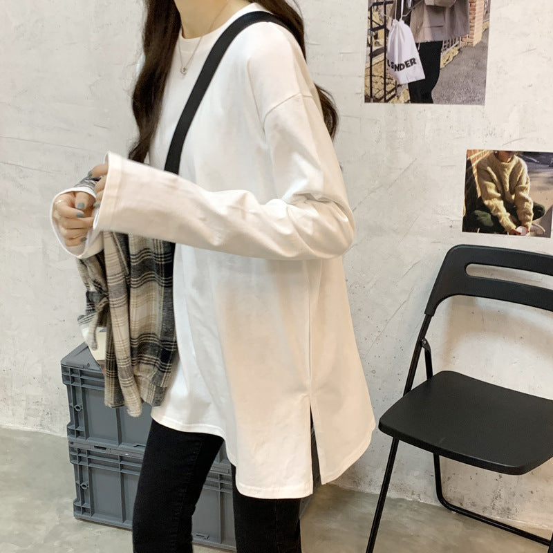 Wholesale white long sleeve t-shirt women's loose inner layered sweatshirt mid-length fleece top spring and autumn base shirt