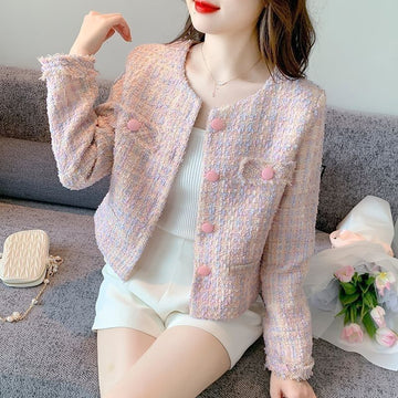 Xiao Xiangfeng النسخة الكورية القصيرة من قمم البوتيك النسائية في الربيع والخريف سترة فرنسية رفيعة جديدة بأكمام طويلة من المشاهير الراقية