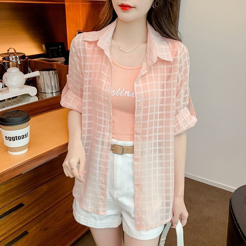 2025 summer new slightly transparent shirt sun protection jacket jacket loose fashion back slit plaid sunscreen shirt for women