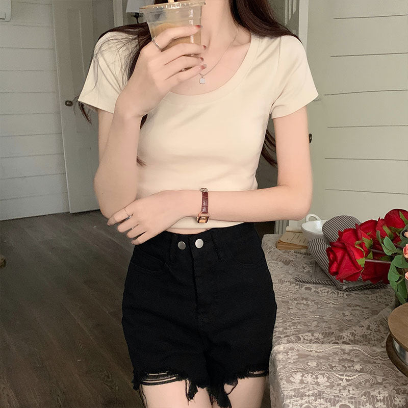 Design short T-shirt women's round neck stretch solid color versatile summer Korean casual tight hot girl short-sleeved top