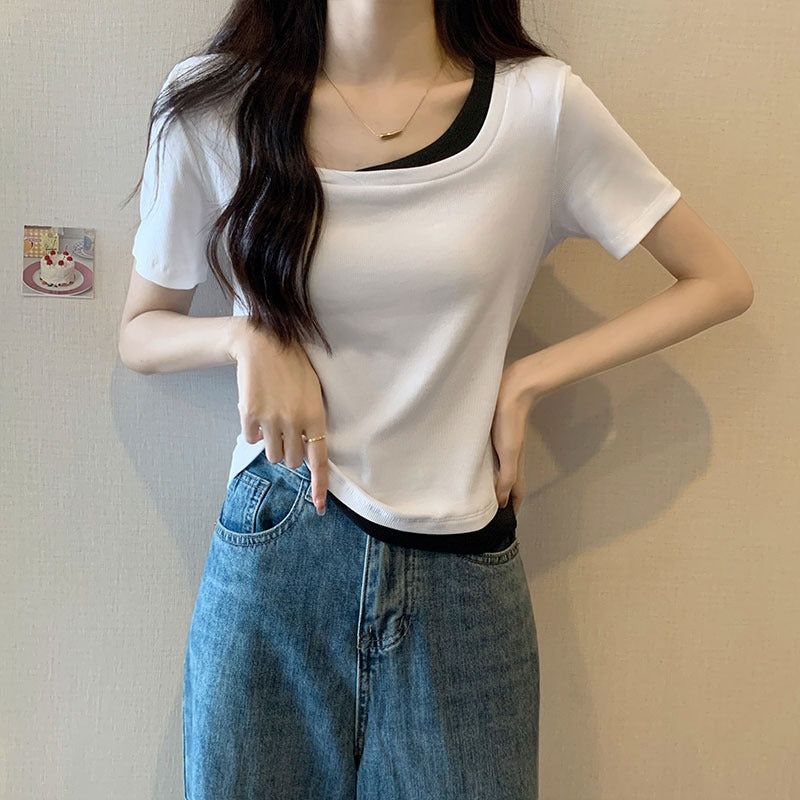Slim collarbone shoulder design fake two-piece T-shirt women's short-sleeved summer 2025 super hot chic hot girl top