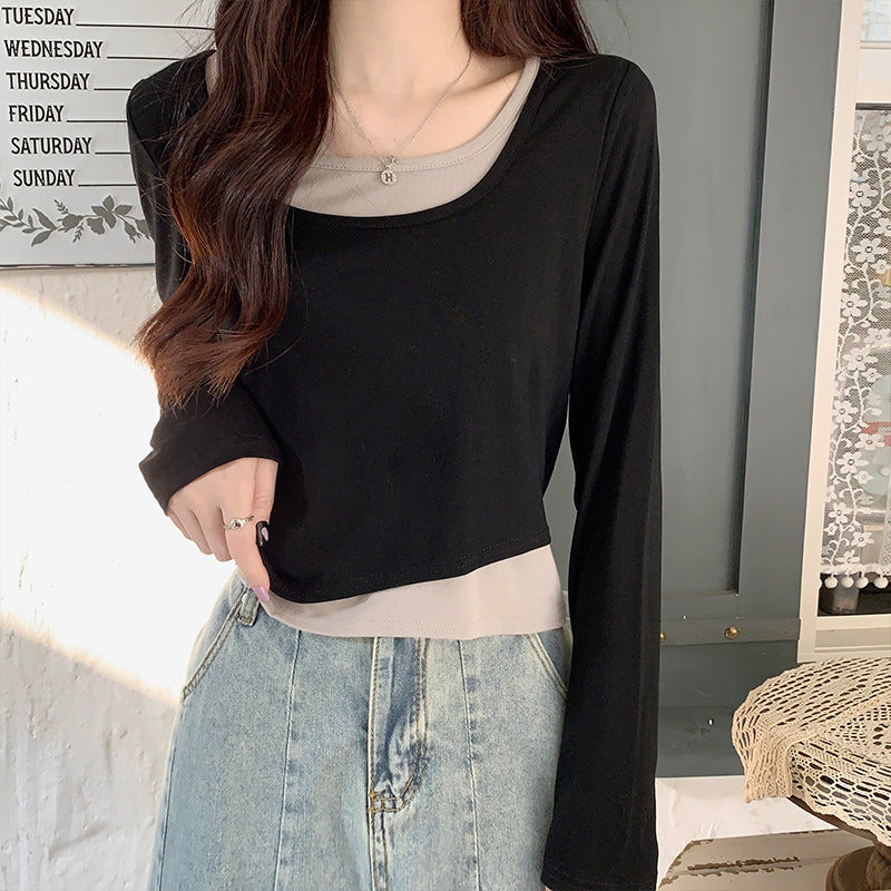 Stitched contrasting long-sleeved T-shirt women's new summer design crew neck short stretch slimming foreign style age-reducing top