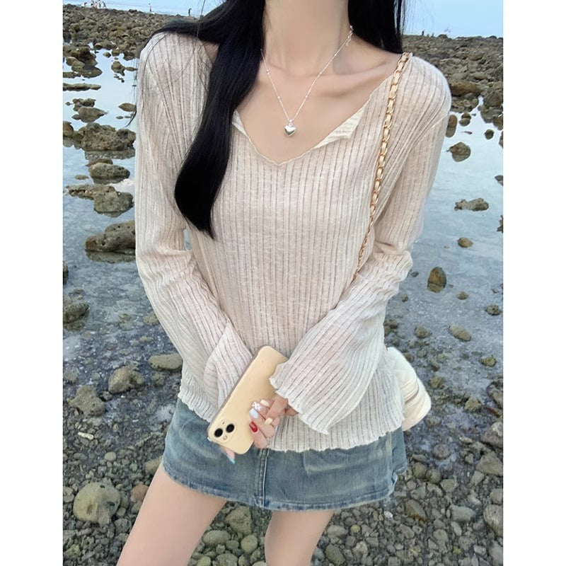 Summer slightly transparent V-neck fungus edge loose sunscreen smock, ice silk thin summer long sleeve T-shirt, women's lazy top