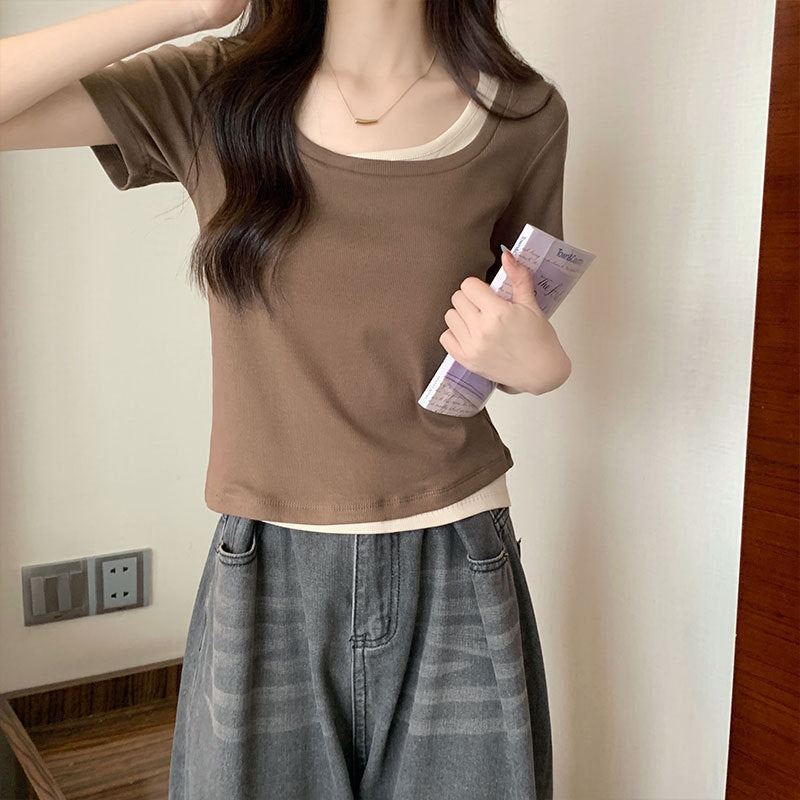 Square neck short-sleeved T-shirt women's new summer front shoulder niche short short-sleeved color-blocking slimming slim design top
