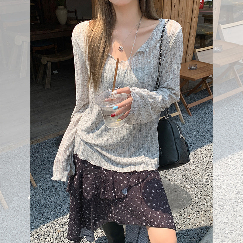 Summer slightly transparent V-neck fungus edge loose sunscreen smock, ice silk thin summer long sleeve T-shirt, women's lazy top