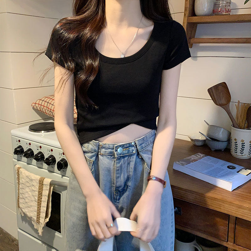Design short T-shirt women's round neck stretch solid color versatile summer Korean casual tight hot girl short-sleeved top