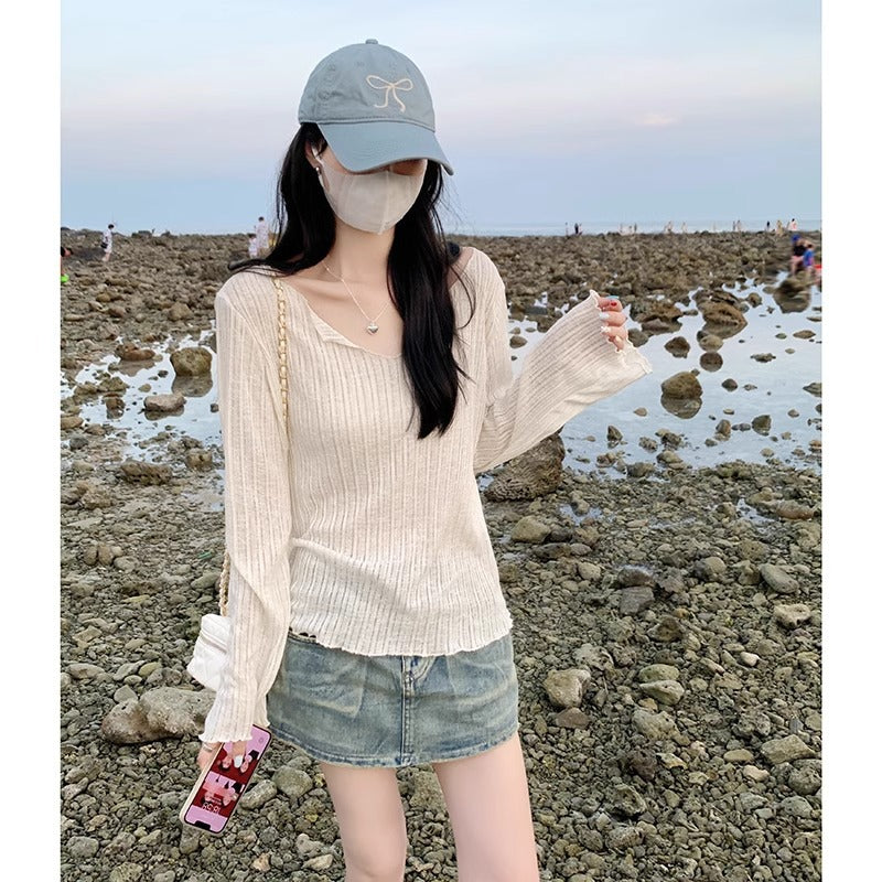 Summer slightly transparent V-neck fungus edge loose sunscreen smock, ice silk thin summer long sleeve T-shirt, women's lazy top
