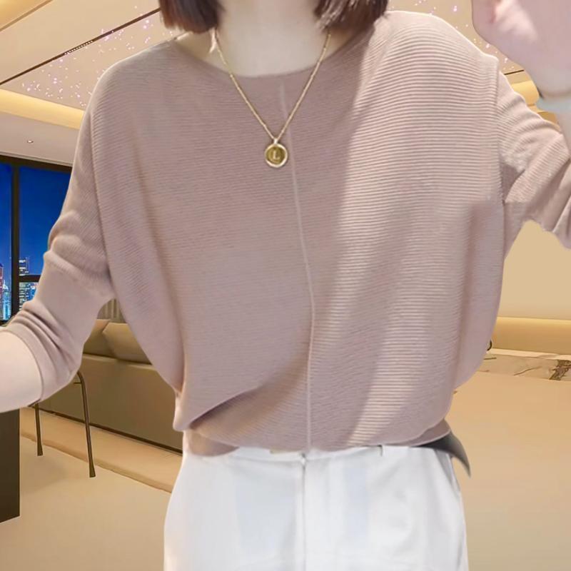 Spring and summer temperament, thin knitted shirt, women's plus-size, foreign solid color, loose crew neck, textured three-quarter sleeve base shirt