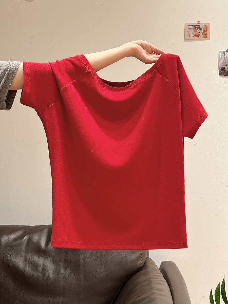 White solid color slanted shoulders and off-the-shoulder short sleeve T-shirt women's 2025 summer new one-shoulder loose shoulder covering thin top