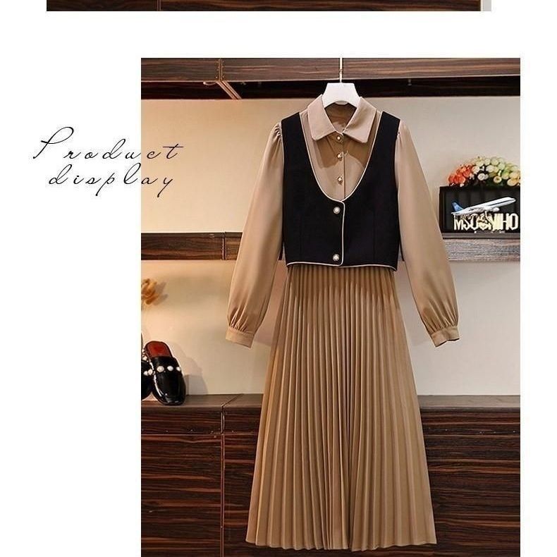 2024 Autumn New Western-style Two-Piece Women's Waist Slimming Mid-Length Shirt Dress Fashion Color-blocking Korean Vest
