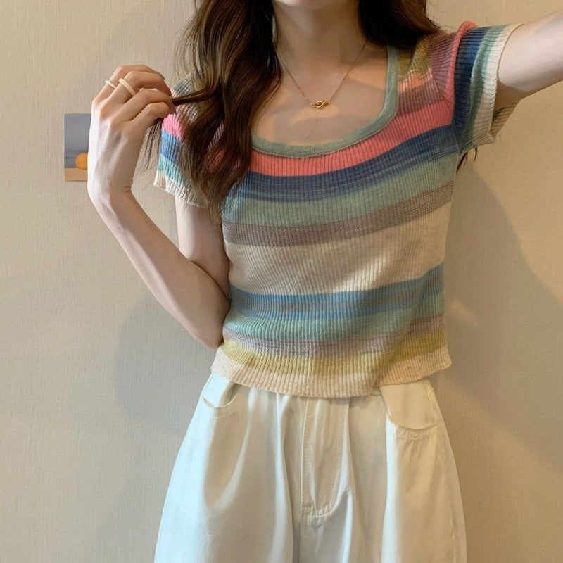 Square-neck striped t-shirt women's summer knitted sweater short-sleeved French small short small niche unique special tight top