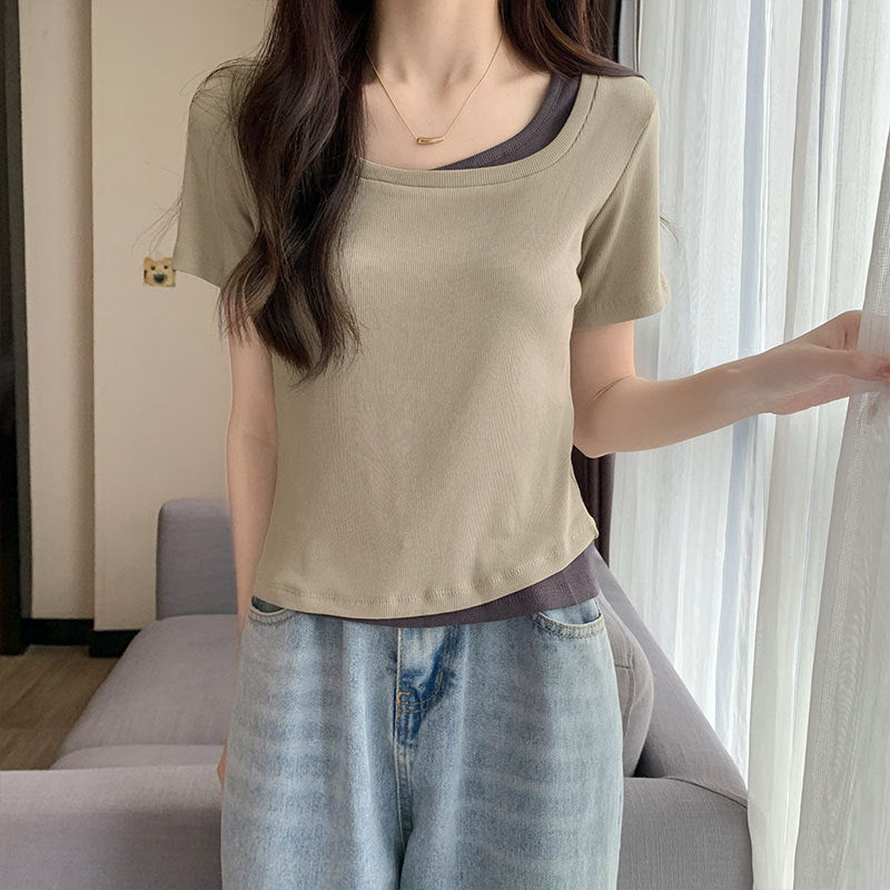 Square neck short-sleeved T-shirt women's new summer front shoulder niche short short-sleeved color-blocking slimming slim design top