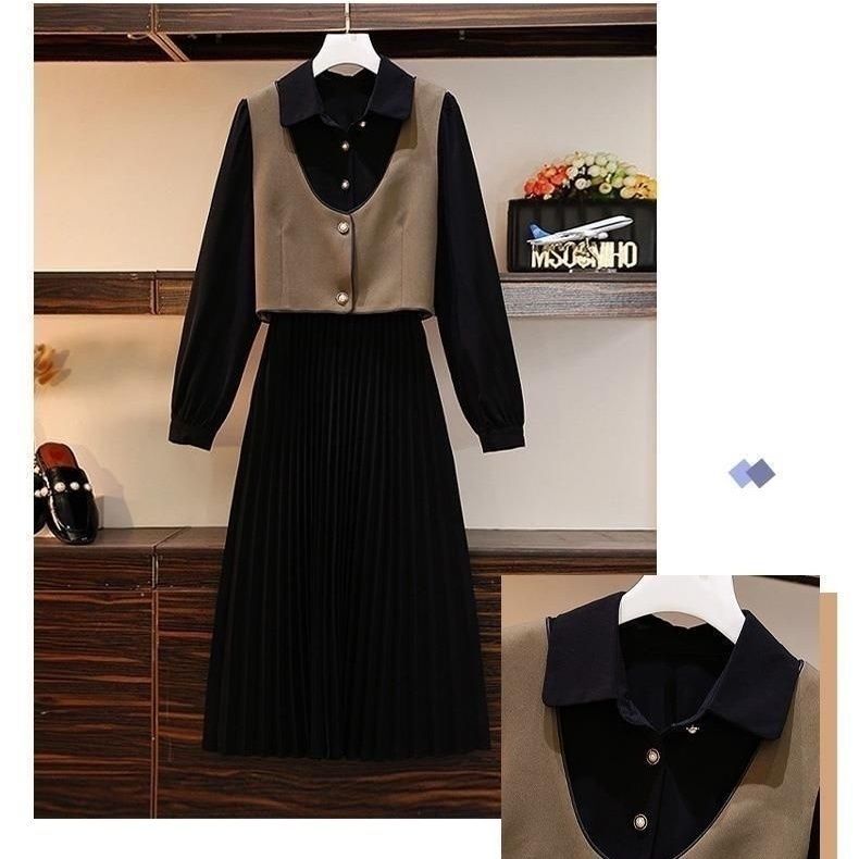 2024 Autumn New Western-style Two-Piece Women's Waist Slimming Mid-Length Shirt Dress Fashion Color-blocking Korean Vest