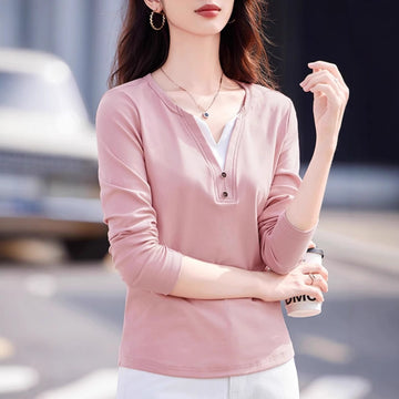 Shoulder long sleeve color-blocked V-neck T-shirt women's 2025 spring wear new design buttons waist slimming top base shirt