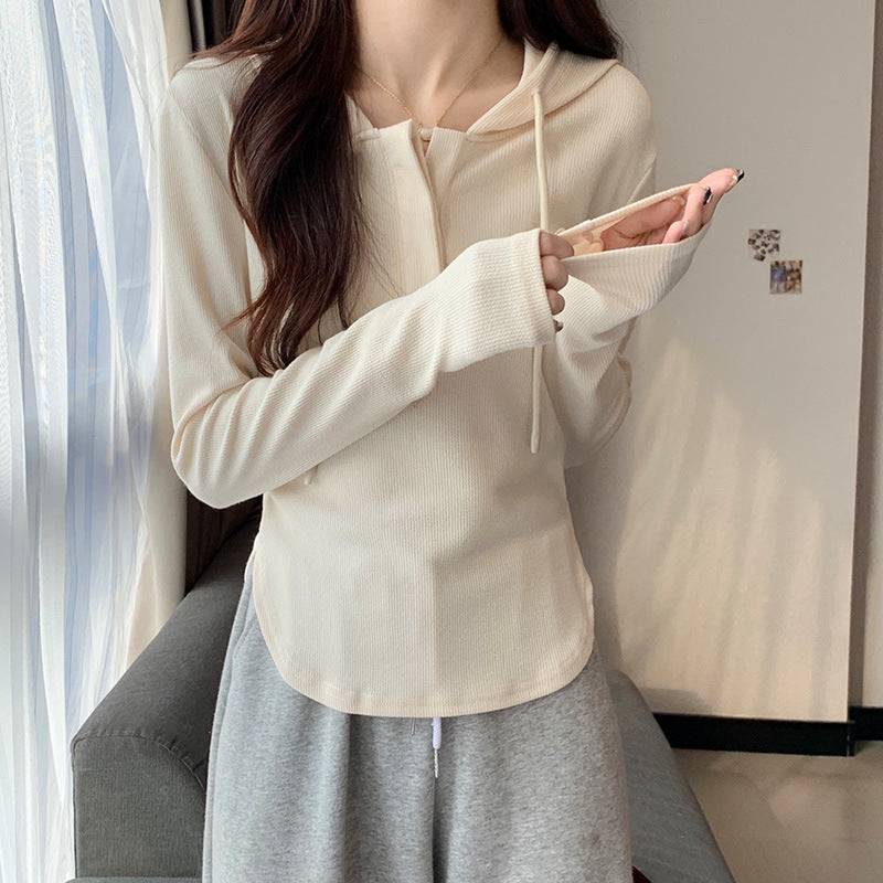 Pure Lust Hot Girl Tight T-shirt Women's Long Sleeve Autumn and Winter New Hooded Shoulders Waist Slim Undershirt Wear Top