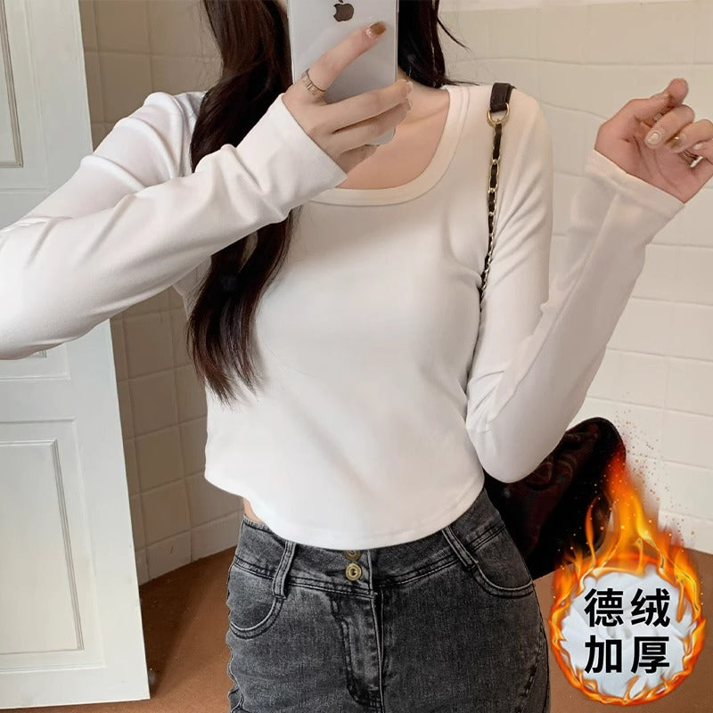 Square neck shoulder base shirt women's T-shirt 2025 autumn and winter velvet thickened curved hem waist long sleeve inner top with top