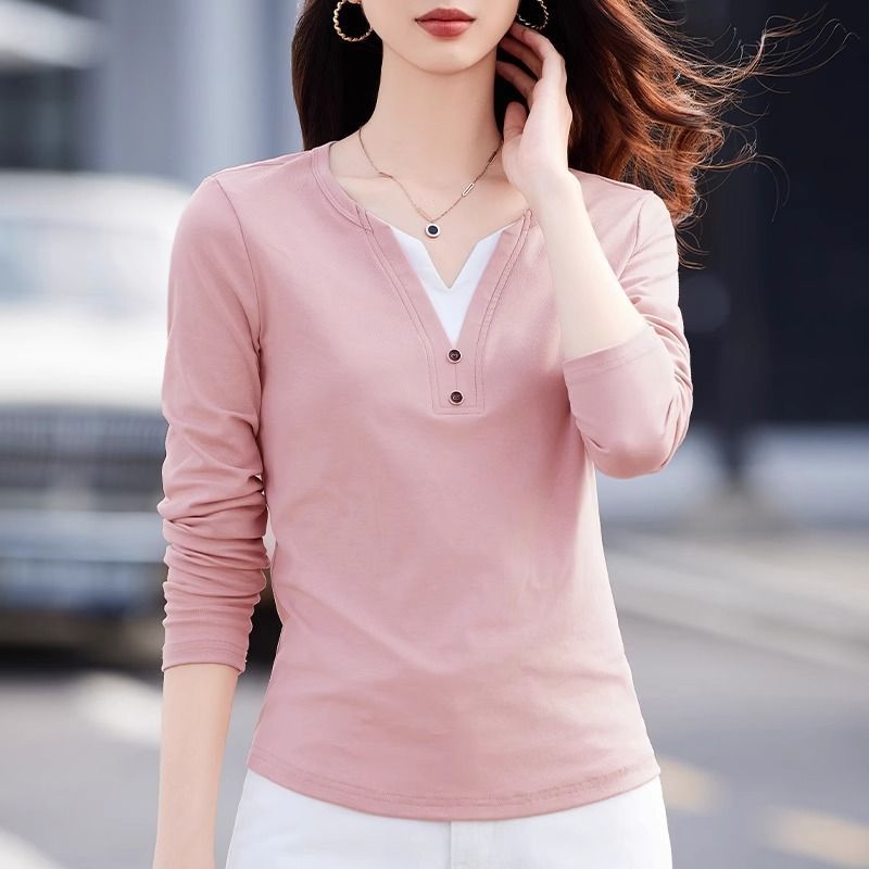 Shoulder long sleeve color-blocked V-neck T-shirt women's 2025 spring wear new design buttons waist slimming top base shirt