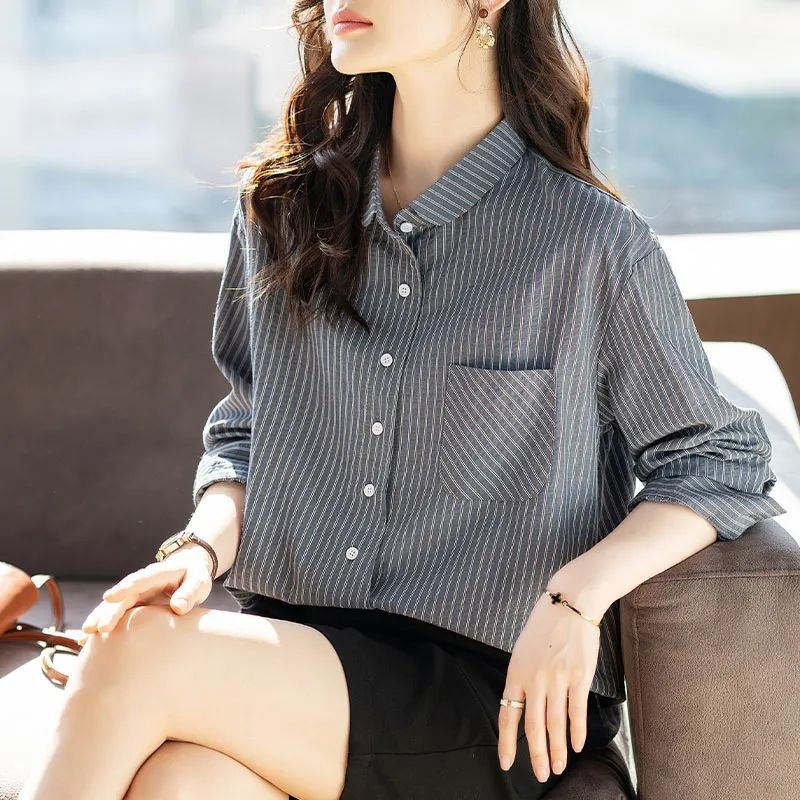 Striped shirt women's 2025 spring and autumn new Han Fan long-sleeved shirt jacket is versatile, slimming lapels, base shirt top