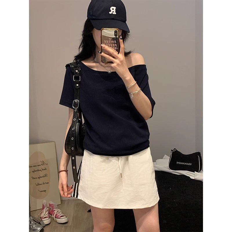 White solid color slanted shoulders and off-the-shoulder short sleeve T-shirt women's 2025 summer new one-shoulder loose shoulder covering thin top