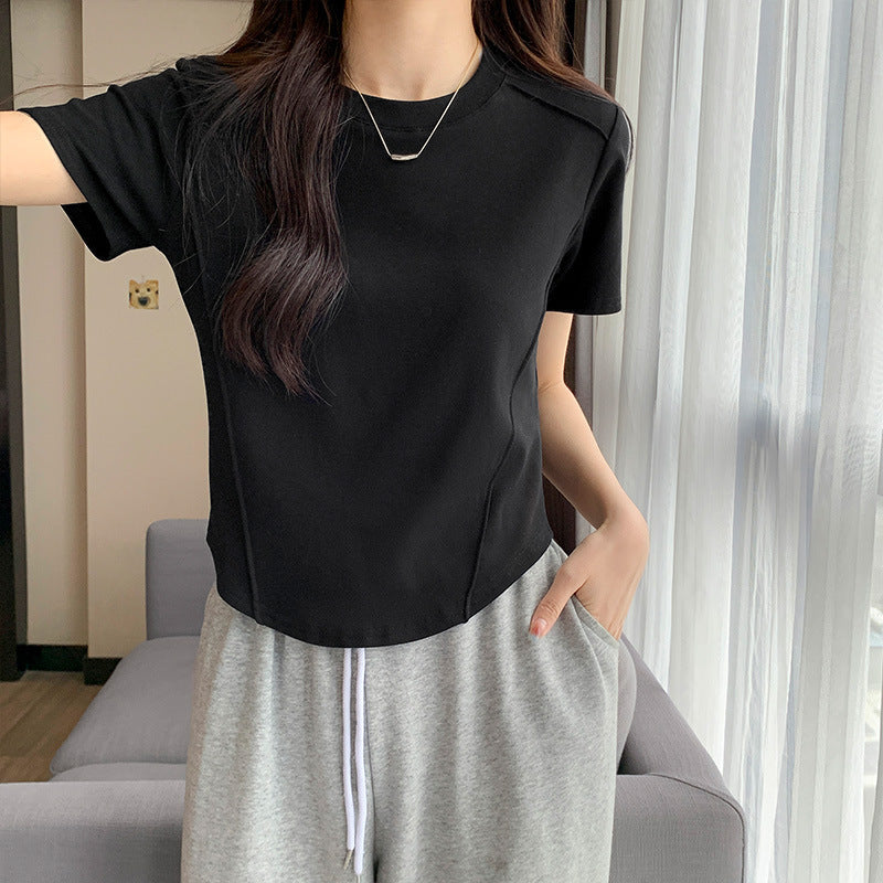 Round neck solid color versatile top, women's new summer design, short fishbone waist, slimming hot girl short-sleeved T-shirt
