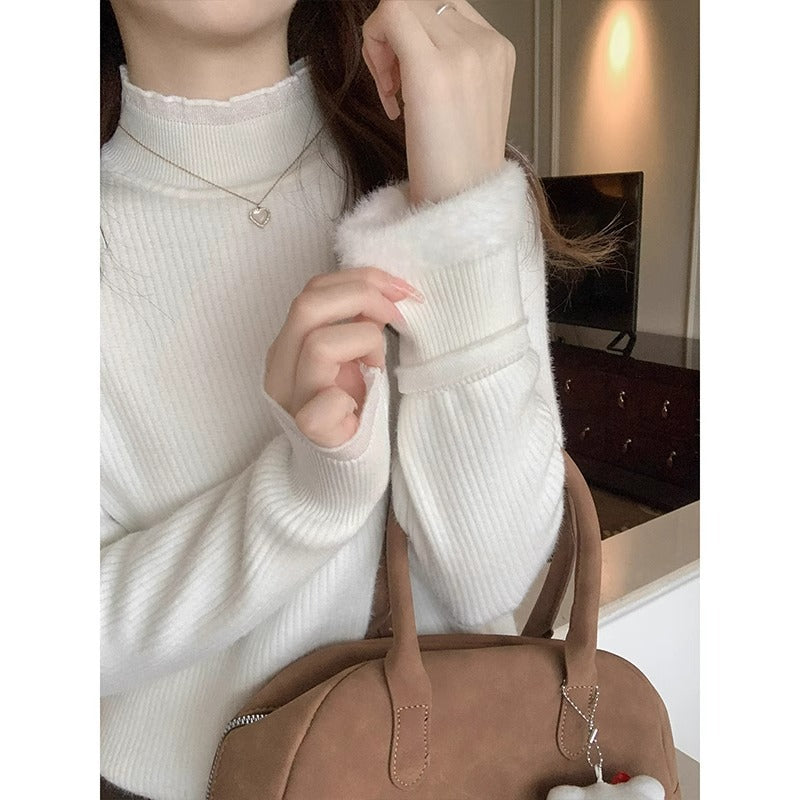 White semi-turtleneck lace base shirt women's winter 2025 new one-piece fleece warm sweater with knitted top underneath