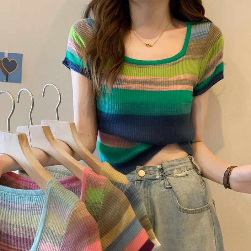 Square-neck striped t-shirt women's summer knitted sweater short-sleeved French small short small niche unique special tight top