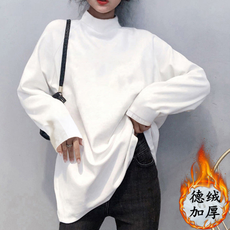 Wholesale German velvet base shirt women's semi-turtleneck with autumn and winter 2025 new mid-length fleece T-shirt women's long sleeves