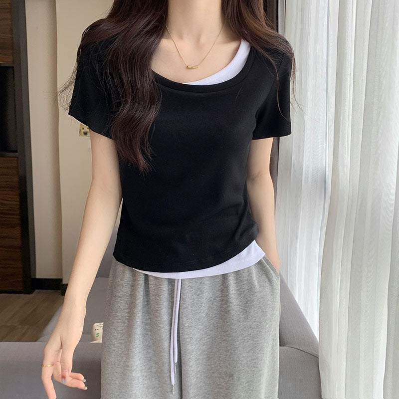 Slim collarbone shoulder design fake two-piece T-shirt women's short-sleeved summer 2025 super hot chic hot girl top