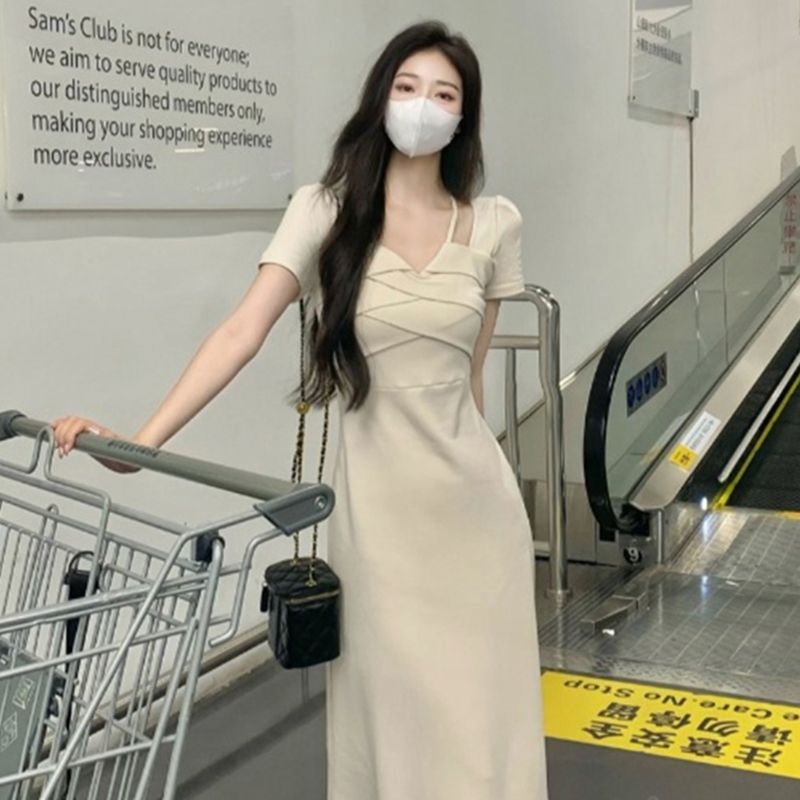 2025 French halterneck drape dress women's new summer slightly chubby mm waist slimming and fleshy temperament long skirt
