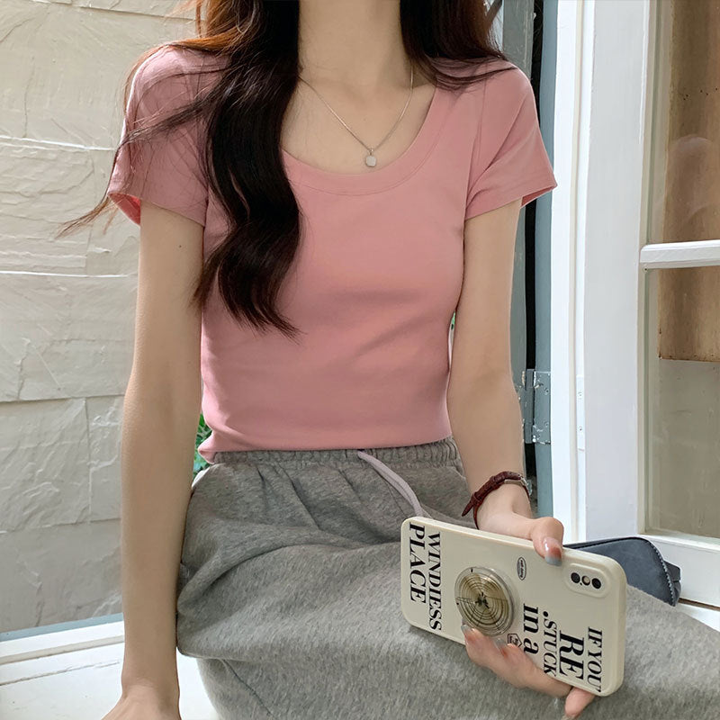 Design short T-shirt women's round neck stretch solid color versatile summer Korean casual tight hot girl short-sleeved top