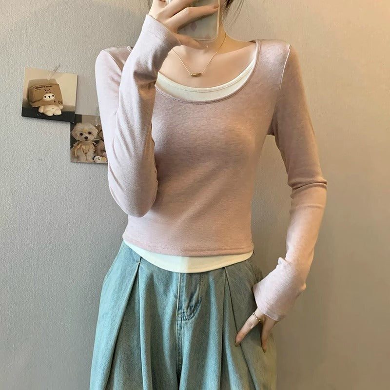 Wear a small base shirt, T-shirt, women's autumn and winter underwear, color-blocked irregular U-neck long-sleeved collarbone top