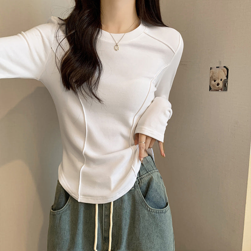 White long-sleeved base shirt for women in autumn and winter with a short herringbone top, a slim fit and brushed T-shirt