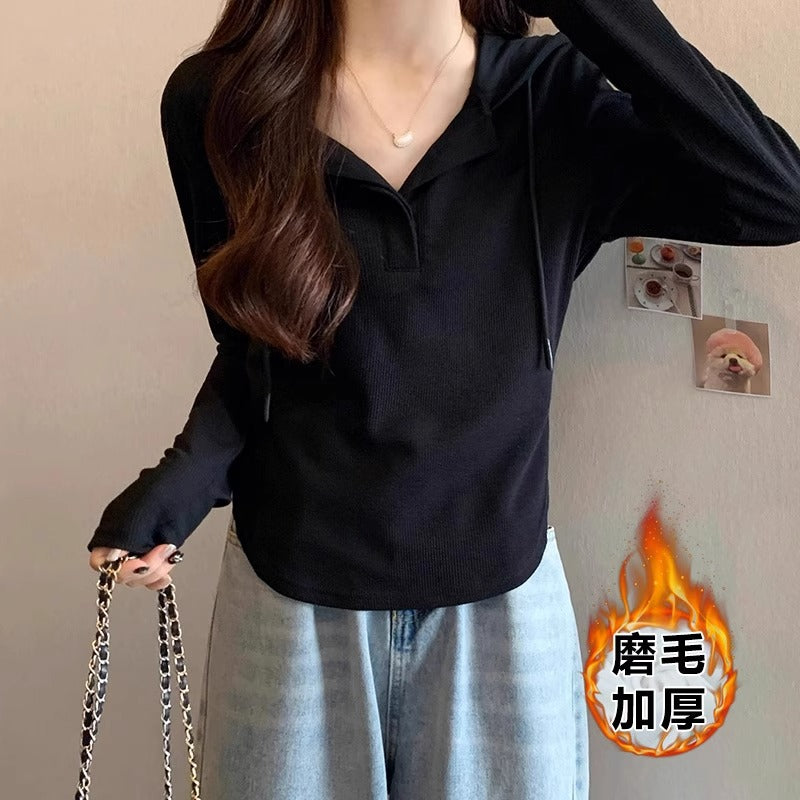 Pure Lust Hot Girl Tight T-shirt Women's Long Sleeve Autumn and Winter New Hooded Shoulders Waist Slim Undershirt Wear Top