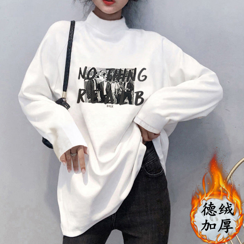 Wholesale German velvet base shirt women's semi-turtleneck with autumn and winter 2025 new mid-length fleece T-shirt women's long sleeves